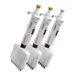 Studio diagonal lineup view of three 4E's USA Precipette 8-channel adjustable multichannel pipettes featuring white ergonomic bodies and distinct color-coded orange, green, and light blue plunger caps covering volume capacities from 0.5uL to 300uL against a white background