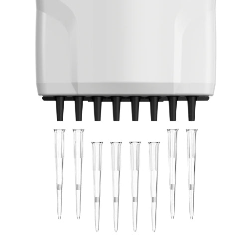 Close-up straight front view of a 4E's USA Precipette 8-channel adjustable multichannel pipette lower manifold aligning directly above eight clear plastic disposable pipette tips against a white background