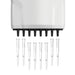 Close-up straight front view of a 4E's USA Precipette 8-channel adjustable multichannel pipette lower manifold aligning directly above eight clear plastic disposable pipette tips against a white background
