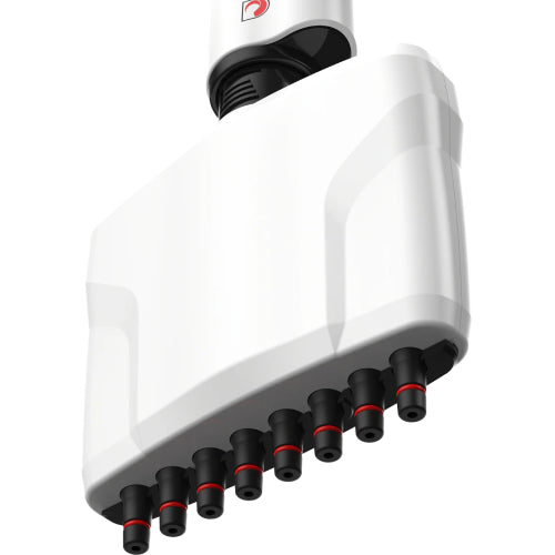 Close-up low-angle product view of the 8-channel lower module tip manifold on a 4E's USA Precipette adjustable multichannel pipette, highlighting the white housing and aligned black tip cones with red O-rings against a white background