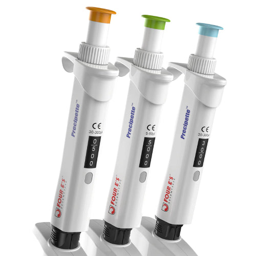 Studio product view of three 4E's USA Precipette 8-channel adjustable multichannel pipettes tilted upward and facing left against a white background, highlighting their white upper bodies, digital volume displays, and orange, green, and light blue plunger caps