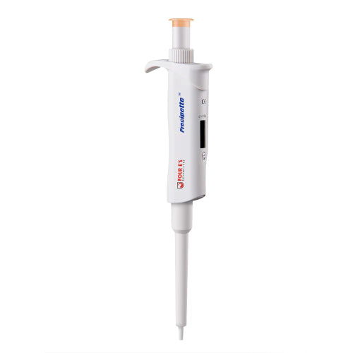 Studio front product view of a 4E's USA Precipette adjustable pipette (0.1-2.0uL) against a white background, highlighting its white ergonomic body, orange plunger cap, and digital display window