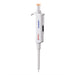 Studio front product view of a 4E's USA Precipette adjustable pipette (0.1-2.0uL) against a white background, highlighting its white ergonomic body, orange plunger cap, and digital display window