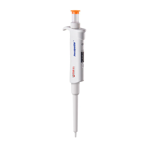 Studio front product view of a 4E's USA Precipette adjustable pipette (0.5-10uL) against a white background, highlighting its white ergonomic body, orange plunger cap, and digital display window