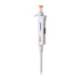 Studio front product view of a 4E's USA Precipette adjustable pipette (0.5-10uL) against a white background, highlighting its white ergonomic body, orange plunger cap, and digital display window