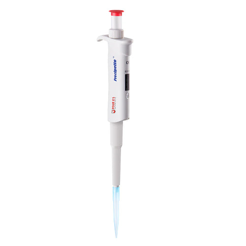 Studio front product view of a 4E's USA Precipette adjustable pipette (100-1000uL) against a white background, highlighting its white ergonomic body, red plunger cap, digital display, and attached blue pipette tip