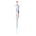 Studio front product view of a 4E's USA Precipette adjustable pipette (100-1000uL) against a white background, highlighting its white ergonomic body, red plunger cap, digital display, and attached blue pipette tip