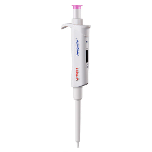 Studio front product view of a 4E's USA Precipette adjustable pipette (2-20uL) against a white background, highlighting its white ergonomic body, pink plunger cap, and digital display window