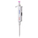 Studio front product view of a 4E's USA Precipette adjustable pipette (2-20uL) against a white background, highlighting its white ergonomic body, pink plunger cap, and digital display window