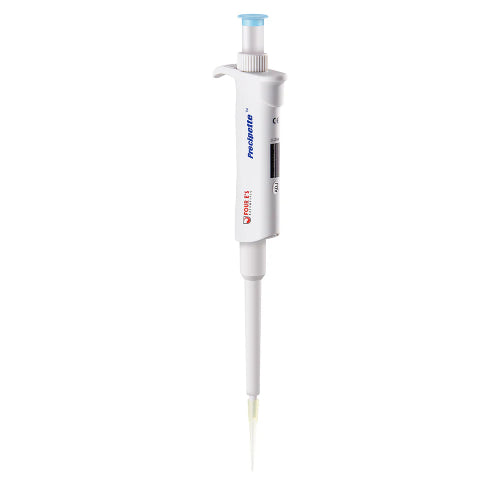 Studio front product view of a 4E's USA Precipette adjustable pipette (20-200uL) against a white background, highlighting its white ergonomic body, light blue plunger cap, digital display, and attached yellow pipette tip