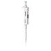 Studio front product view of a 4E's USA Precipette adjustable pipette (20-200uL) against a white background, highlighting its white ergonomic body, light blue plunger cap, digital display, and attached yellow pipette tip