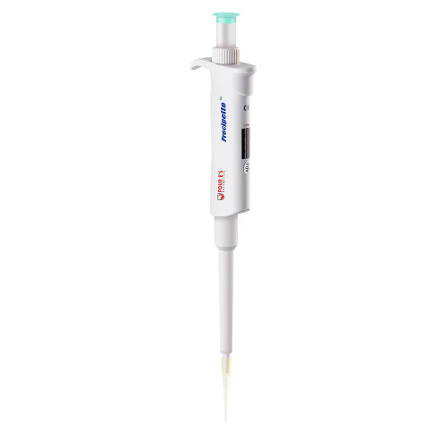 Studio front product view of a 4E's USA Precipette adjustable pipette (5-50uL) against a white background, highlighting its white ergonomic body, light green plunger cap, digital display, and attached yellow pipette tip