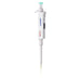 Studio front product view of a 4E's USA Precipette adjustable pipette (5-50uL) against a white background, highlighting its white ergonomic body, light green plunger cap, digital display, and attached yellow pipette tip