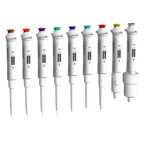 Studio front-facing complete lineup view of nine 4E's USA Precipette single-channel adjustable pipettes arranged in a row from micro to macro volumes against a white background, highlighting their white bodies and distinct color-coded plunger caps