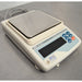 Straight-on studio view of an A&D GF-4000 precision balance on a metallic surface, featuring its square stainless steel weighing pan, light grey housing, digital display screen, and right-hand operational control buttons