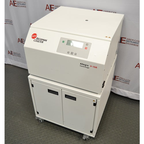 An alternative angled view of a Beckman Coulter Allegra V-15R refrigerated benchtop centrifuge system available from American Instrument Exchange, showing the centrifuge unit mounted on top of a matching mobile storage cart with locking cabinet doors and caster wheels.