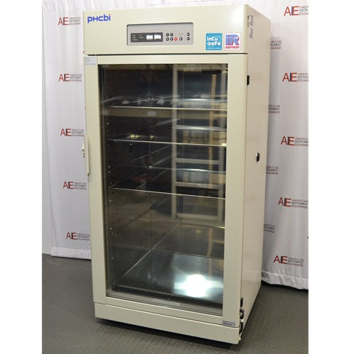 An alternative angled view of a PHCbi CryoGrow MCO-80ICL-PA large capacity CO₂ incubator available from American Instrument Exchange, showing its full-length glass door, interior shelving, and top-mounted digital control panel.