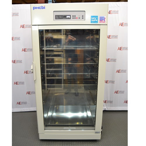 An alternative front-facing view of a PHCbi CryoGrow MCO-80ICL-PA large capacity CO₂ incubator available from American Instrument Exchange, showing its full-length glass door, interior shelving, and top-mounted digital control panel.