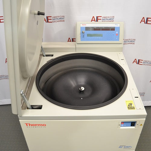 An alternative open view of a Thermo Scientific Sorvall RC12BP Plus large capacity centrifuge, showing a closer look at the open lid, interior centrifuge bowl, and upper digital control console.