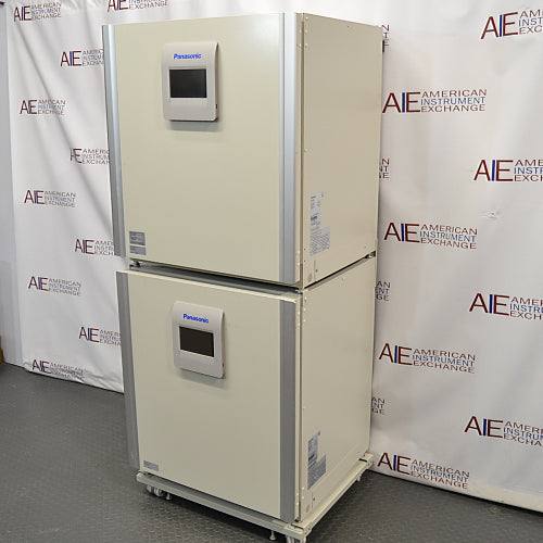 Angled view showing side panels of stacked Panasonic cellIQ CO2 laboratory incubators on a rolling caster base