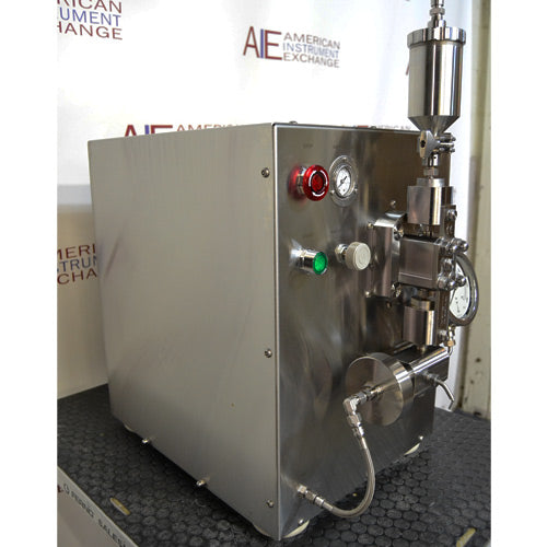Angled profile view of Avestin EmulsiFlex-C3 high-pressure homogenizer showing stainless steel cabinet and valve assembly