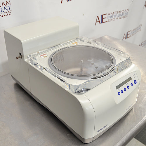 Angled view of Eppendorf Vacufuge Plus 5305 centrifugal vacuum concentrator showing top acrylic lid and side housing