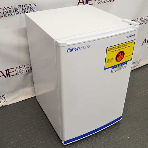 Angled view of Fisherbrand Isotemp undercounter freezer model 05FFEEFSA with flammable storage warning label