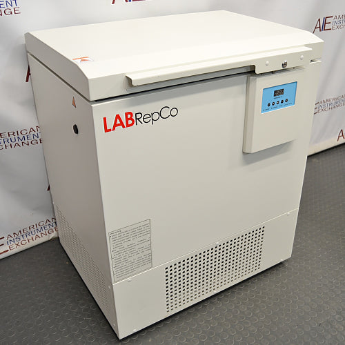 Angled view of LabRepCo ultra-low chest freezer Model LSX 5ULT85 showing top lid and digital control display