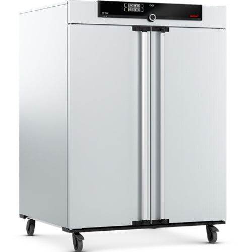 Angled view of Memmert UF1060 forced convection universal oven on caster wheels