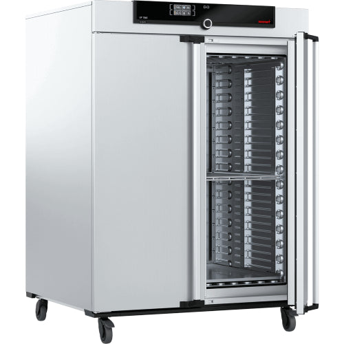 Angled view of Memmert UF1060 forced convection universal oven with right door open showing inner chamber shelving