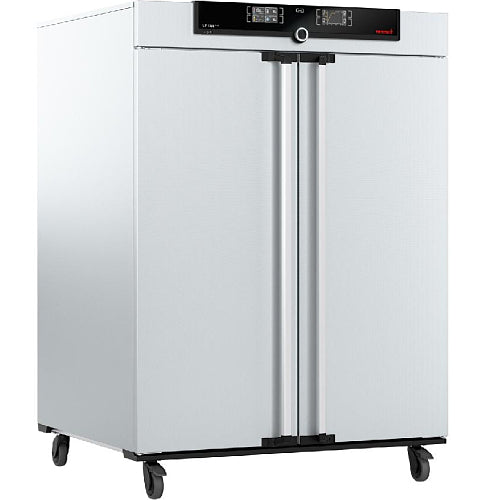 Angled view of Memmert UF1060plus forced convection universal oven on caster wheels