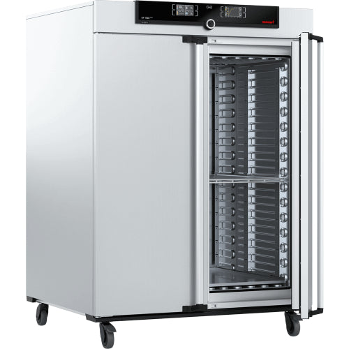 Angled view of Memmert UF1060plus forced convection universal oven with right door open showing interior shelving and wall racks