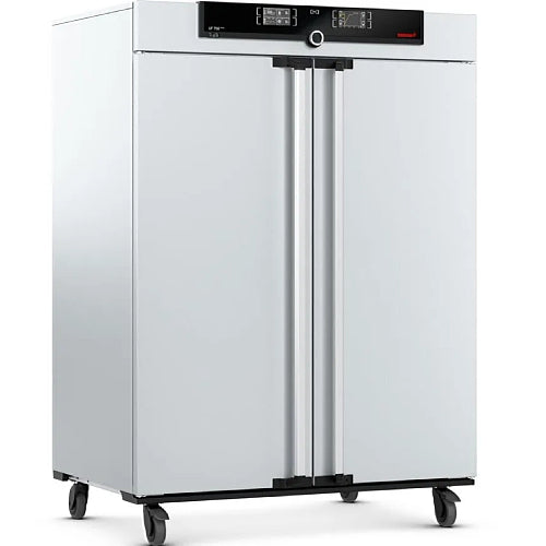 Angled view of Memmert UF750plus forced convection universal oven on caster wheels