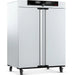 Angled view of Memmert UF750plus forced convection universal oven on caster wheels
