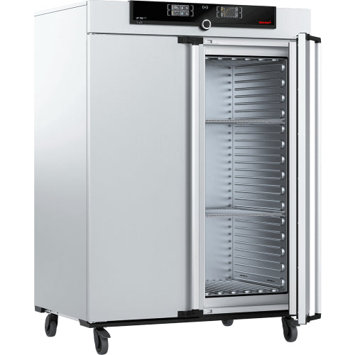 Angled view of Memmert UF750plus forced convection universal oven with right door open showing inner chamber shelving