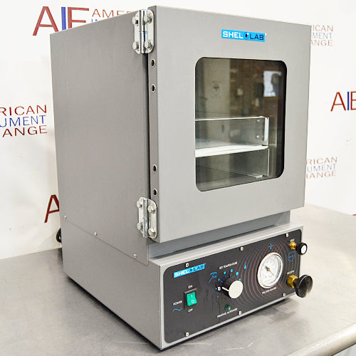 Angled view of Shel-Lab SVAC1E vacuum oven with viewing window and lower control panel