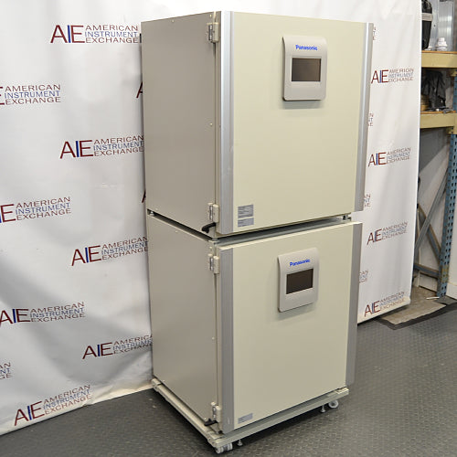 Angled view of stacked Panasonic cellIQ CO2 laboratory incubators on a rolling caster base