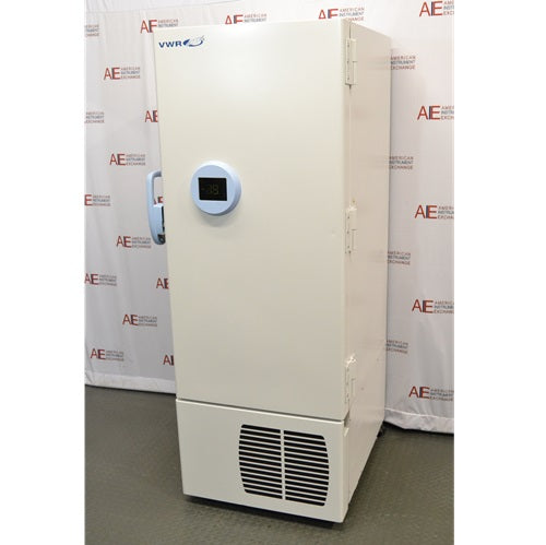 An angled view of a VWR 40040FA -40°C ultra-low temperature freezer available from American Instrument Exchange, showing the solid white exterior, handle, and integrated digital display.