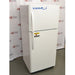 An angled view of a white VWR general purpose laboratory refrigerator/freezer combo in front of an American Instrument Exchange backdrop, showing its front doors, left side panel, vertical handles, and caution label.