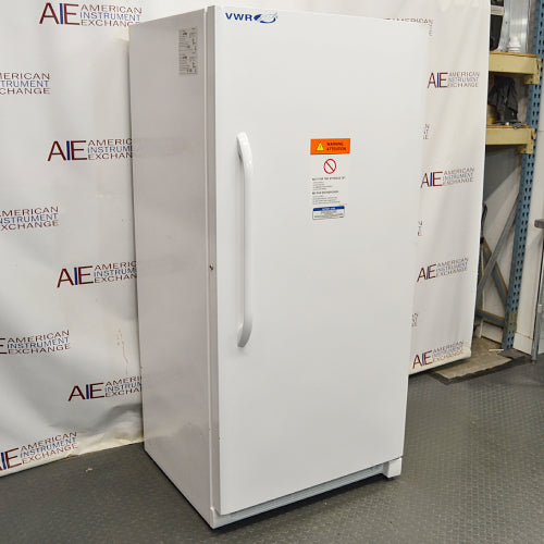 Angled view of a white VWR general purpose laboratory freezer with vertical door handle