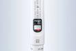 A detailed close-up view of the handle section of a white BRANDTECH Transferpette S pipette, showing the digital volume readout window, calibration adjustment slider with red accent, product markings, serial number, and 20–200 µL volume range label.