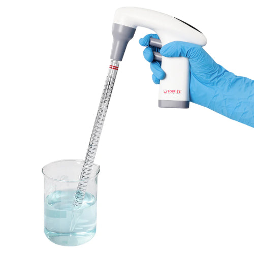 An electronic pipette filler with a white and gray color scheme, including a battery pack and a charging cable.