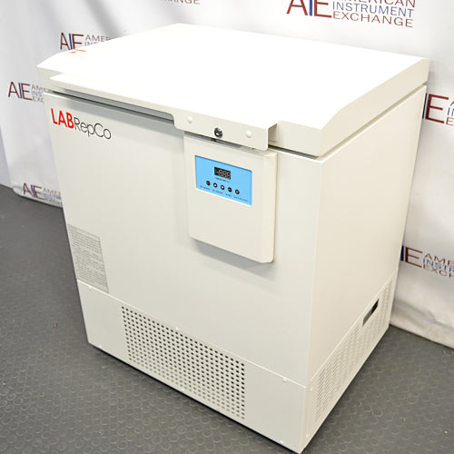 Elevated angled view of LabRepCo ultra-low chest freezer Model LSX 5ULT85 showing top lid and right side cabinet panel
