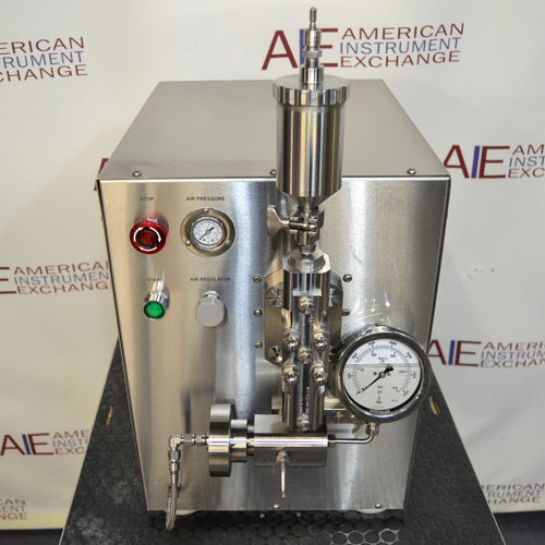 Elevated front view of Avestin EmulsiFlex-C3 high-pressure homogenizer showing top sample cylinder and pressure gauges