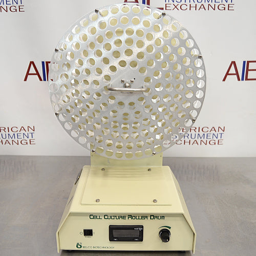 Elevated front view of Bellco Biotechnology Cell Culture Roller Drum showing circular rotating drum and control base