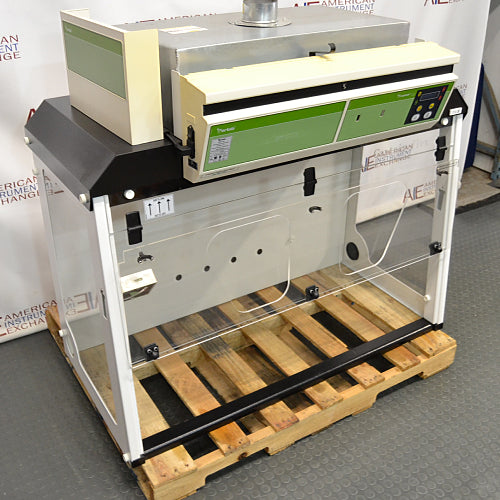 Erlab M481 Captair Flex Ductless Fume Hood positioned on a wooden pallet, featuring a digital control panel, transparent front, and a green and white color scheme.