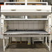 A white Fisher Hamilton 8' Chemical Fume Hood with a base stand, featuring a glass sash, a white epoxy work surface, and various fixtures such as monkey bars and external duplex outlets.