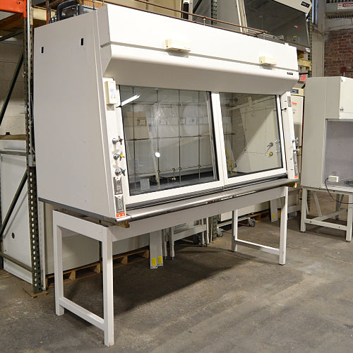 A white Fisher Hamilton 8' Chemical Fume Hood with a base stand, featuring a glass sash, a white epoxy work surface, and various fixtures such as monkey bars and external duplex outlets.