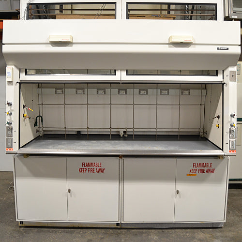 A white Fisher Hamilton 8' Chemical Fume Hood with flammable storage base cabinets, featuring a split vertical-rising sash, a work surface, and various fixtures such as monkey bars and external outlets.
