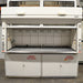 A white Fisher Hamilton 8' Chemical Fume Hood with flammable storage base cabinets, featuring a split vertical-rising sash, a work surface, and various fixtures such as monkey bars and external outlets.